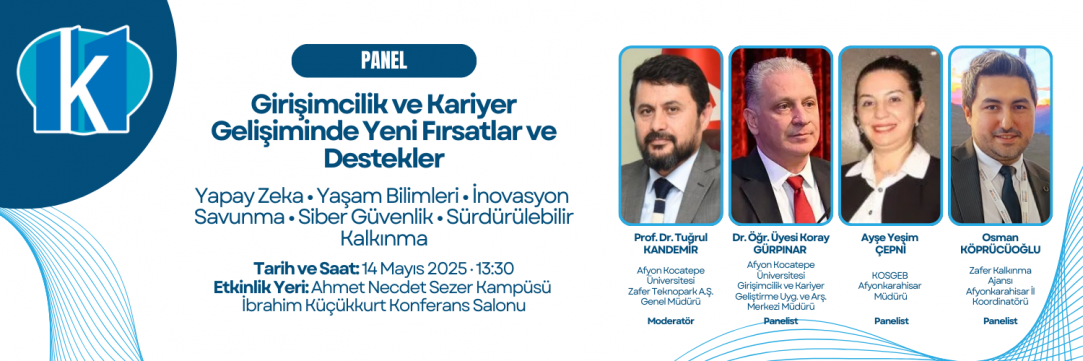 Sempozyumumuzda “Girişimcilik ve Kariyer Gelişiminde Yeni Fırsatlar ve Destekler” konulu panel düzenlenecektir.